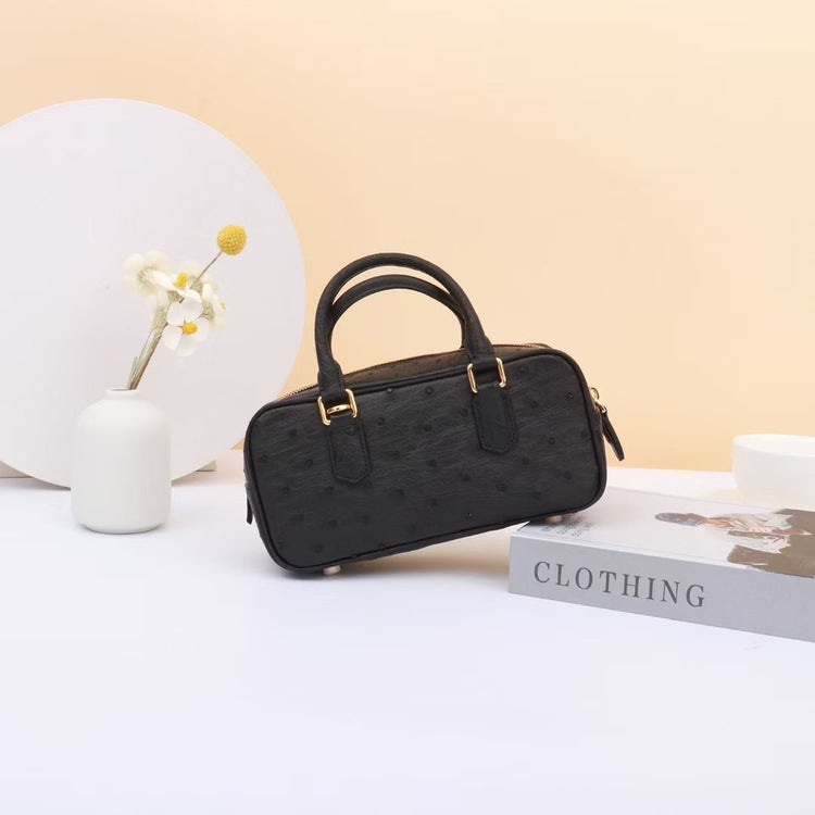 Genuine Ostrich Skin Leather Mini Top Handle Bowler Bag