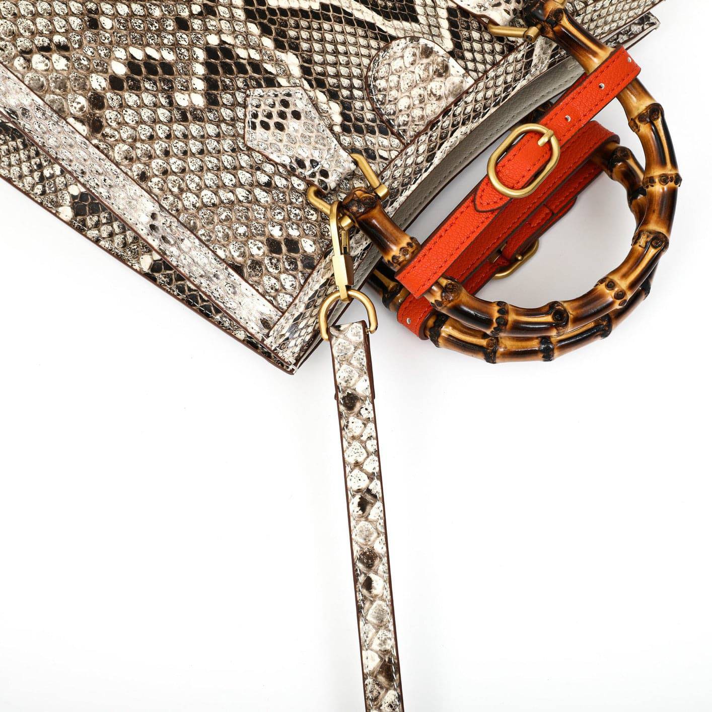 Womens Python Leather Large Bamboo Top Handle Cross Body Bag