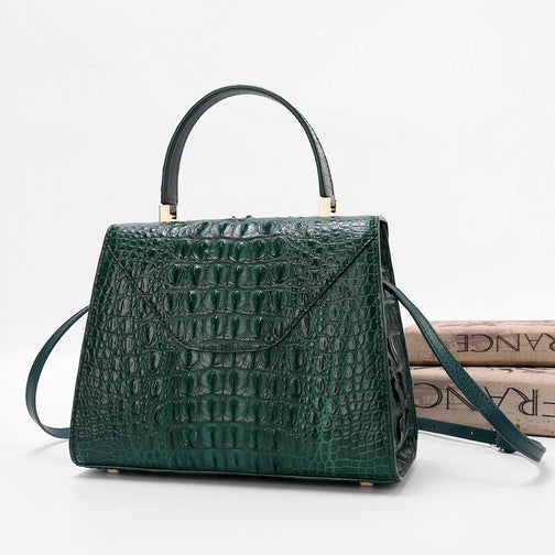 Genuine Crocodile Skin Bone Leather Top Handle Bags Dark Green