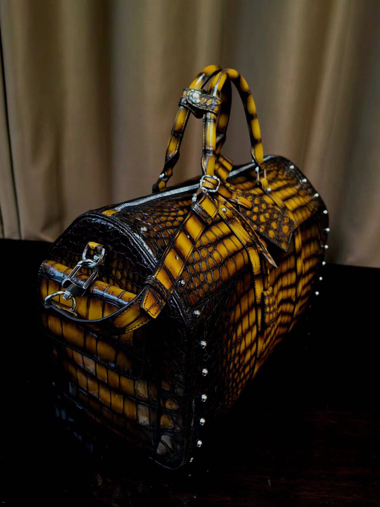 Men's Vintage Brown Crocodile Leather Large Studded Travel Duffle Bags