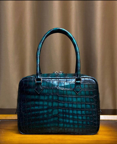 Genuine Crocodile Leather Top Handle Bag Vintage Green