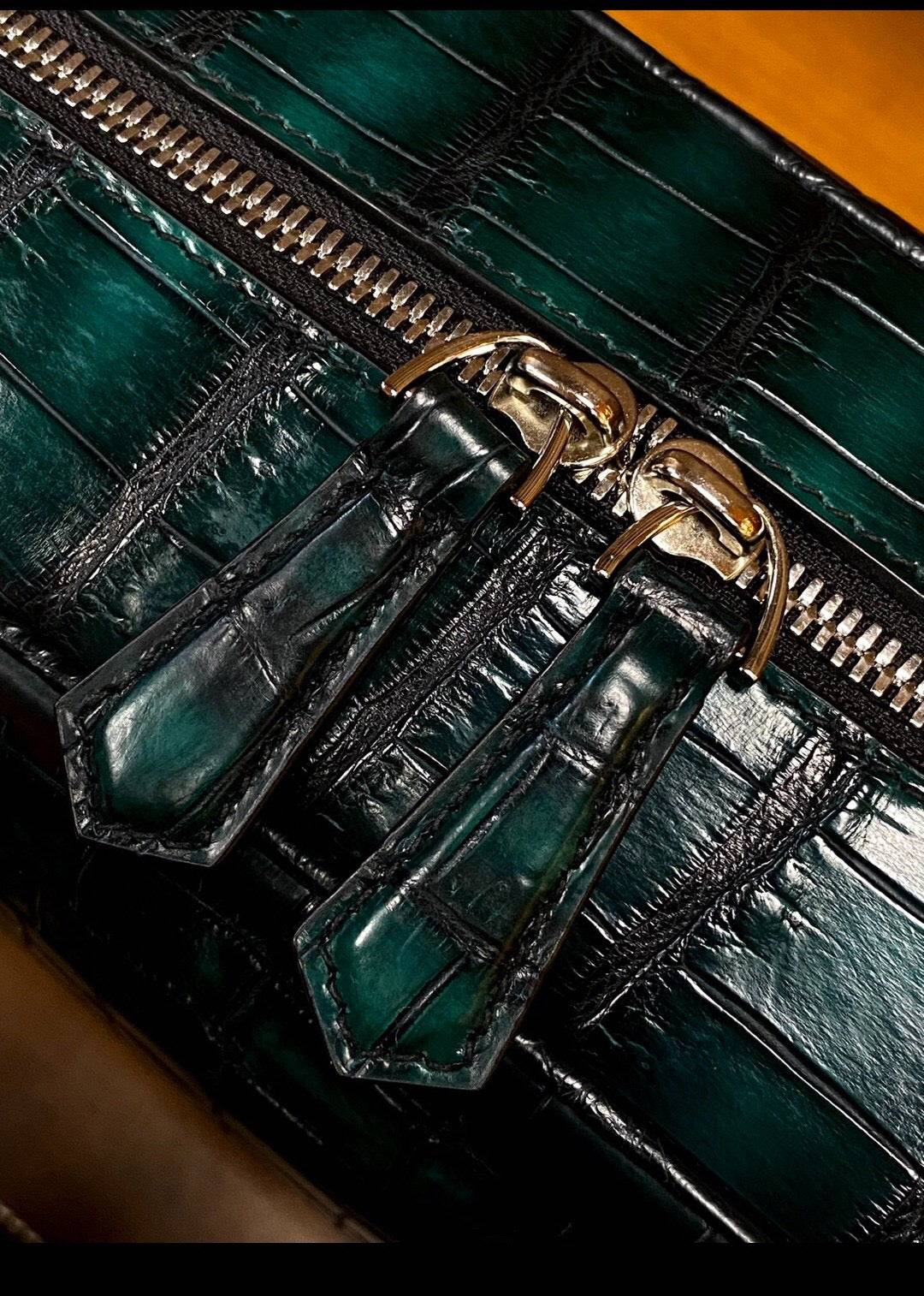 Genuine Crocodile Leather Top Handle Bag Vintage Green