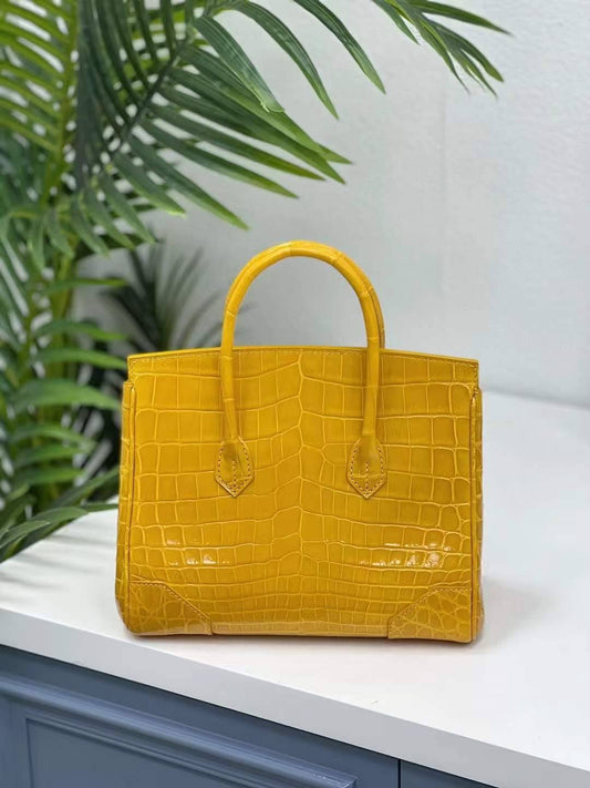 Genuine Crocodile Leather Top Handle Bag Shiny Yellow