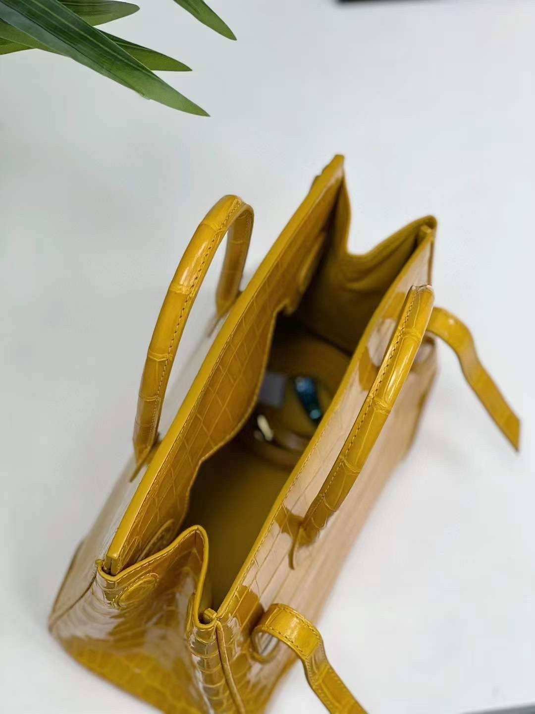 Genuine Crocodile Leather Top Handle Bag Shiny Yellow