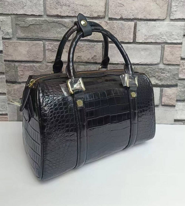 Crocodile Leather Top Handle Boston Cross Body handbag Black