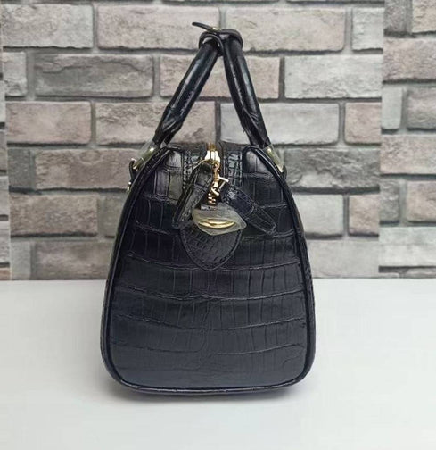 Crocodile Leather Top Handle Boston Cross Body handbag Black