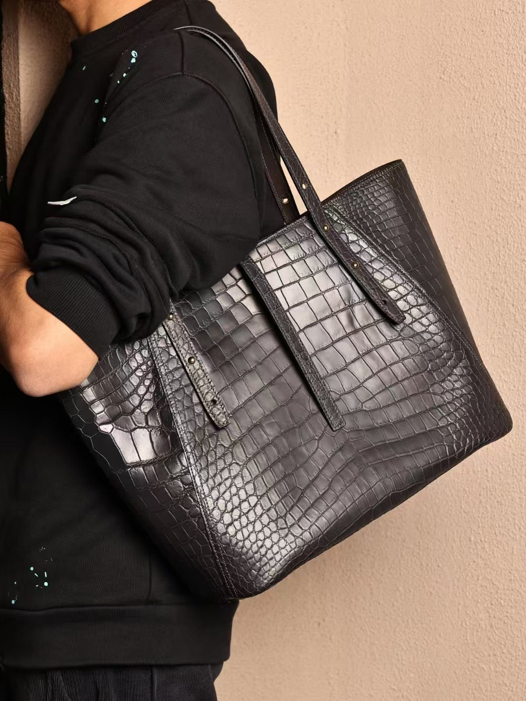 Unisex Genuine Crocodile Skin Leather Large Tote Shoulder Bag