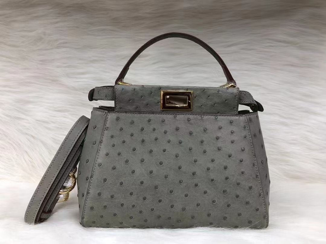 Womens Ostrich Leather Small Top Handle Cross Body Bag