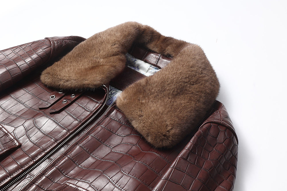 Unisex Crocodile Skin Leather Jacket With Removable Mint Fur Collar Biker Jackets