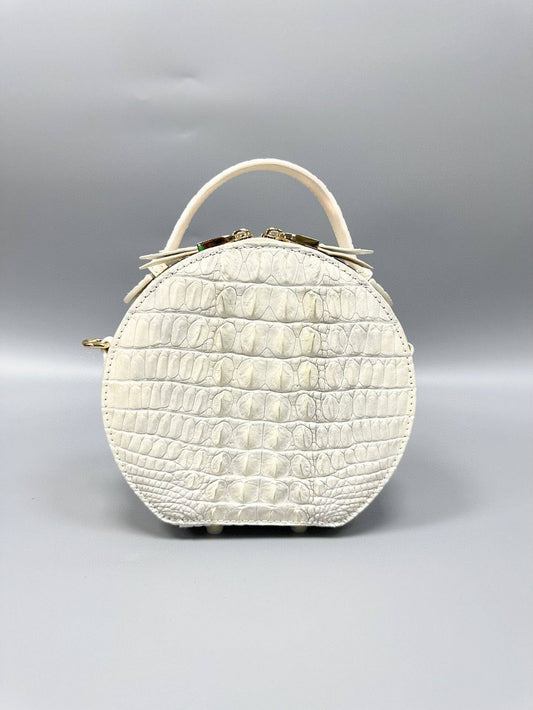 Womens Crocodile Bone Leather Handle Bag , Crocodile Skin Leather Round Circle Apple Bag Himalaya White