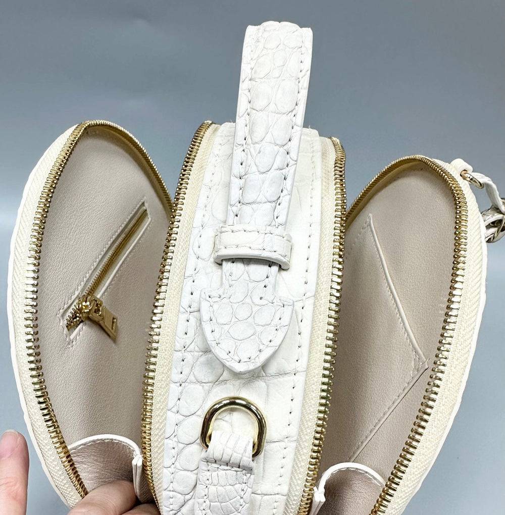 Womens Crocodile Bone Leather Handle Bag , Crocodile Skin Leather Round Circle Apple Bag Himalaya White