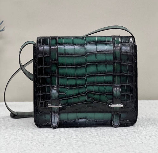 Men's Vintage Green Crocodile Leather Messenger Postman Cross Body Bag