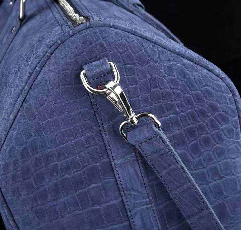 Men's Nubuck Crocodile Leather Large Travel Duffle Bag Dark Blue