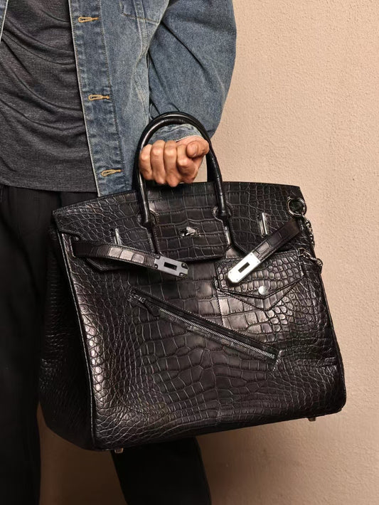 Men's Crocodile Leather Large Top Handle Bag Black