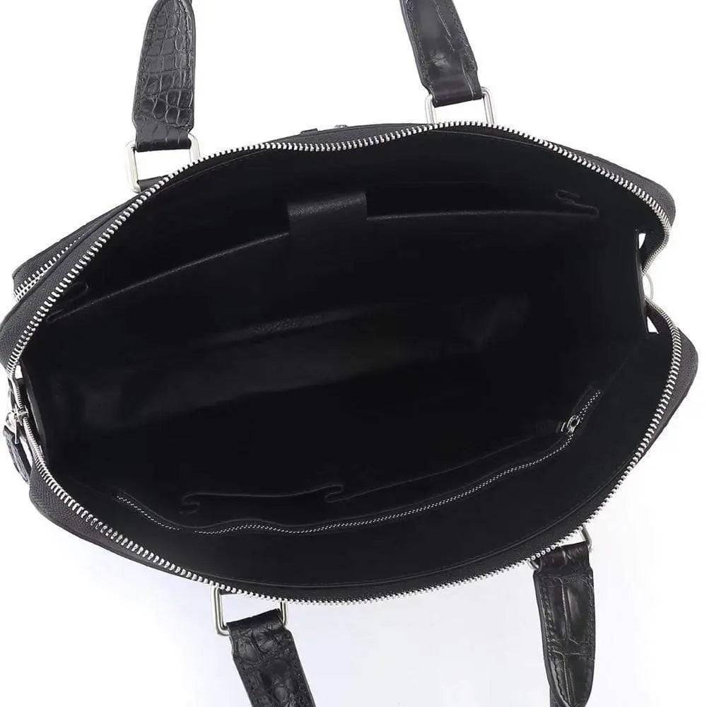 Men's Crocodile Leather Briefcase with Front Zip Pocket Black