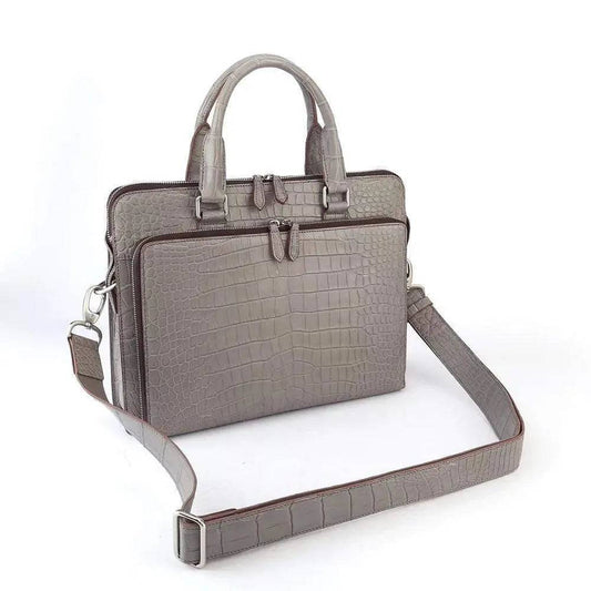 Men's Crocodile Leather Briefcase with Front Zip Pocket Grey