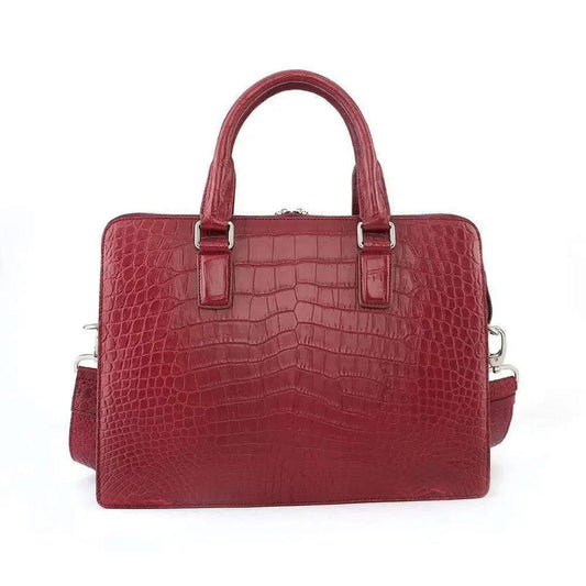 Men's Crocodile Leather Briefcase with Front Zip Pocket Red
