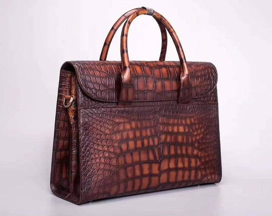 Mens Large Vintage Brown Crocodile Leather Foldover Briefcase