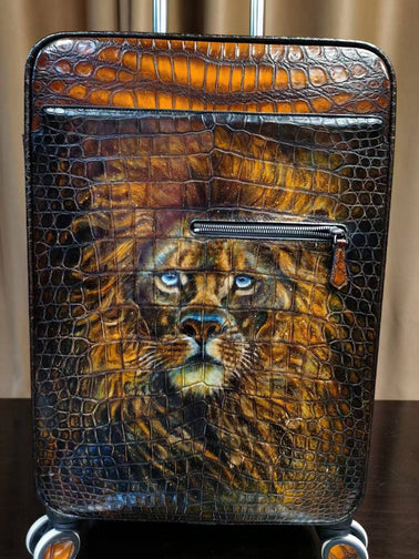 Retro Brown Crocodile Leather Trolley/Roll Aboard Suitcase Weekend/Travel Bag Trolley Case Universal Wheels 20-Inch With Hand Painting