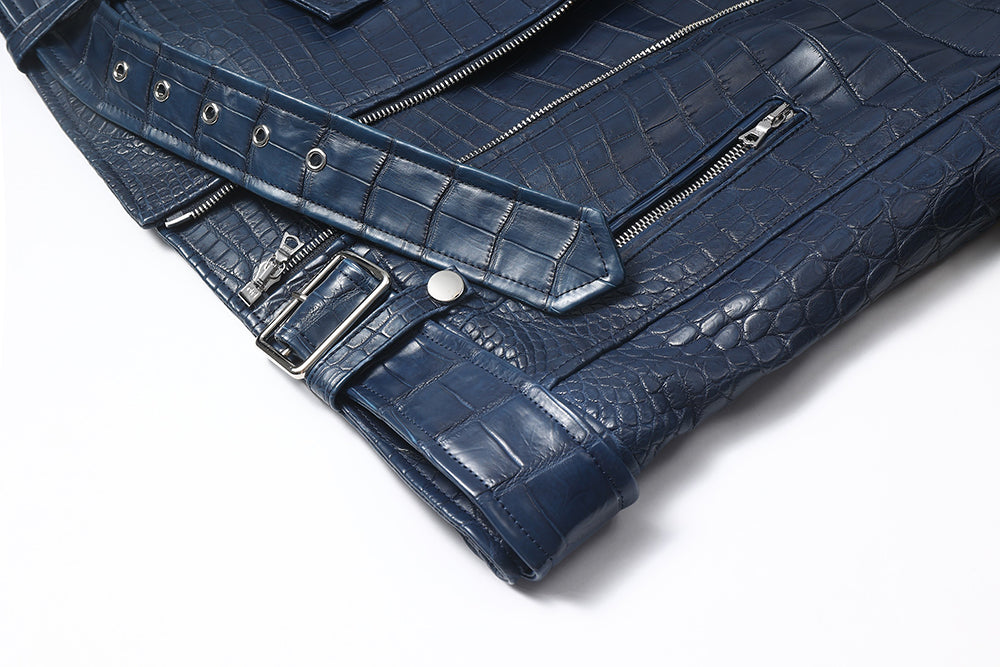 Womens Crocodile Leather BIiker Perfecto Jacket Blue In Stock