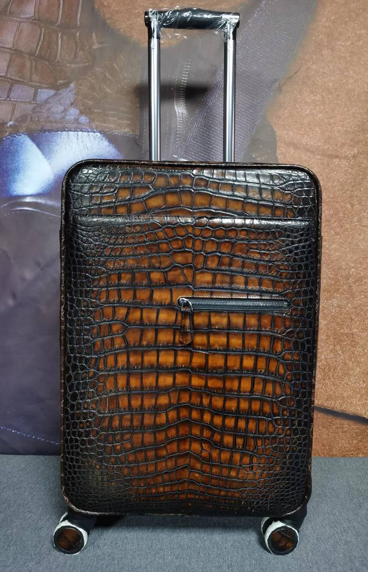 Retro Brown Crocodile Leather Trolley/Roll Aboard Suitcase Weekend/Travel Bag Trolley Case Universal Wheels 20-Inch (Copy)