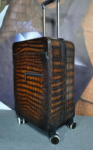 Retro Brown Crocodile Leather Trolley/Roll Aboard Suitcase Weekend/Travel Bag Trolley Case Universal Wheels 20-Inch (Copy)