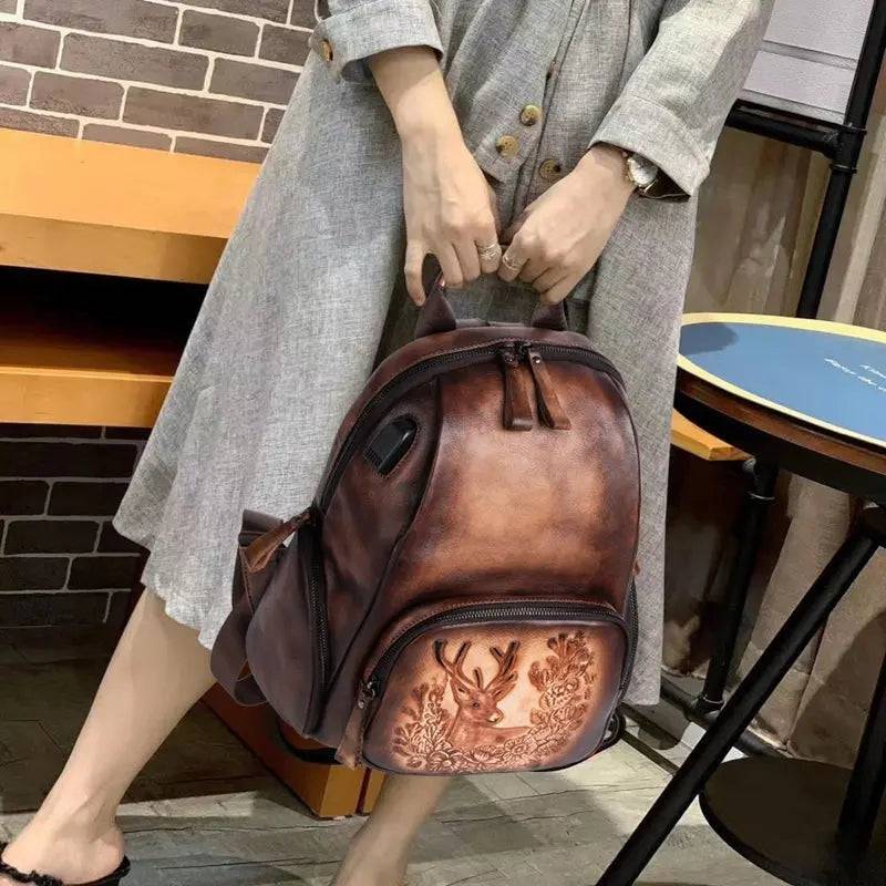 Rossie Viren Retro Genuine Leather Large Backpack, Leather Rucksack, Leather Knapsack ,Office Bag,Travel Backpack