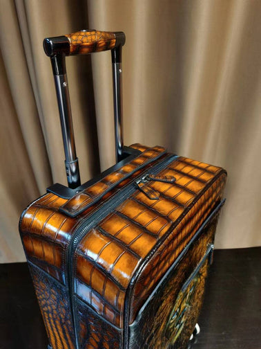 Retro Brown Crocodile Leather Trolley/Roll Aboard Suitcase Weekend/Travel Bag Trolley Case Universal Wheels 20-Inch With Hand Painting