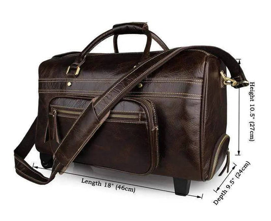 Vintage Brown Leather Wheeled Luggage Trolley Bags