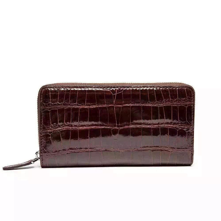 Womens Genuine Crocodile Leather Large Zip Around Wallet For Women
