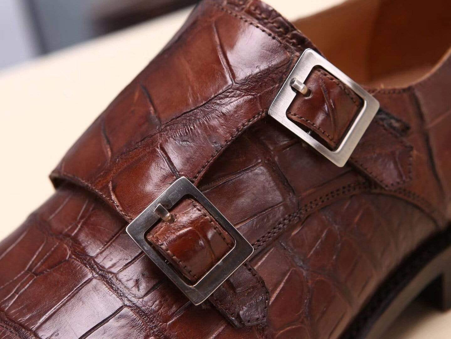 Crocodile Shoes Brown Mens Shoes Crocodile Belly Leather Monk Double Strap Dress Shoes,Goodyear Sole