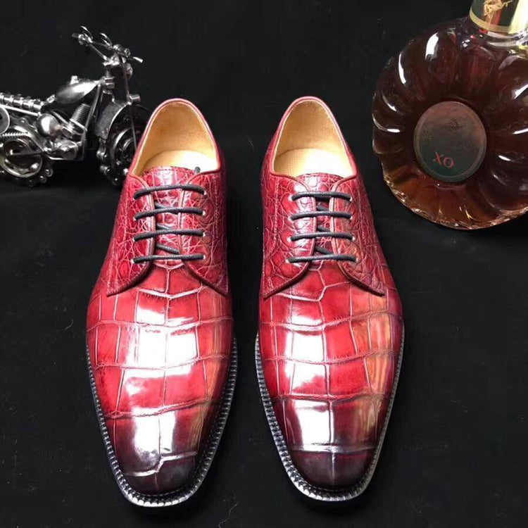 Crocodile Shoes Burnished Burgundy Crocodile Belly Leather Lace-Up Shoes For Men