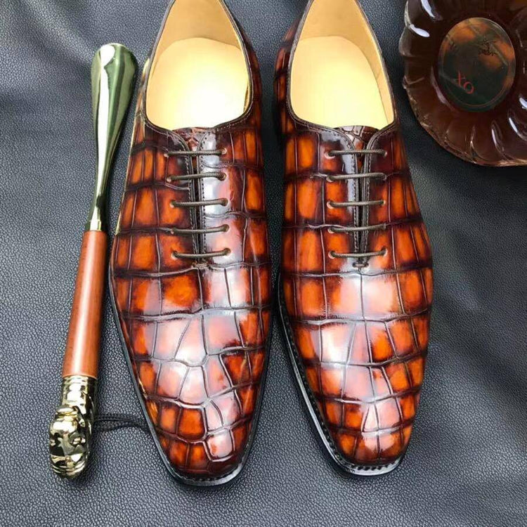 Crocodile Shoes Burnished Tan Derby Crocodile Belly Leather Lace-Up Shoes For Men