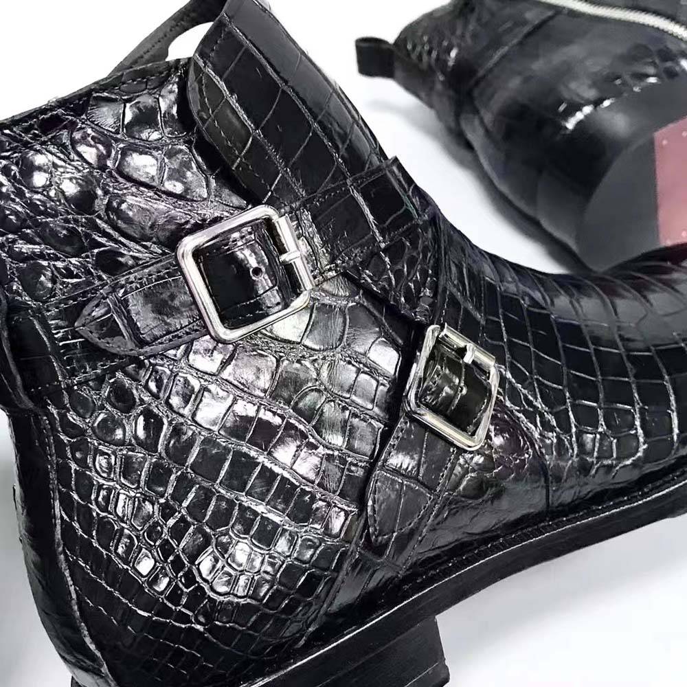 Crocodile Shoes Men's Crocodile Leather Double Criss- Cross Buckle Side Zip Boots