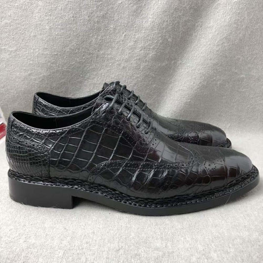 Crocodile Shoes Men's Crocodile Leather Brogue Norwegian Stitch Lace-Up Business Shoes