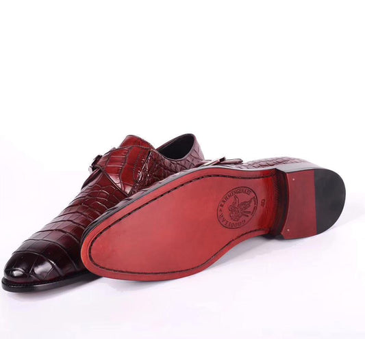 Crocodile Shoes Crocodile Leather Man Handmade Mens Dress shoes, Mens Monk Shoes, Mens Formal Shoes,Brushed Red