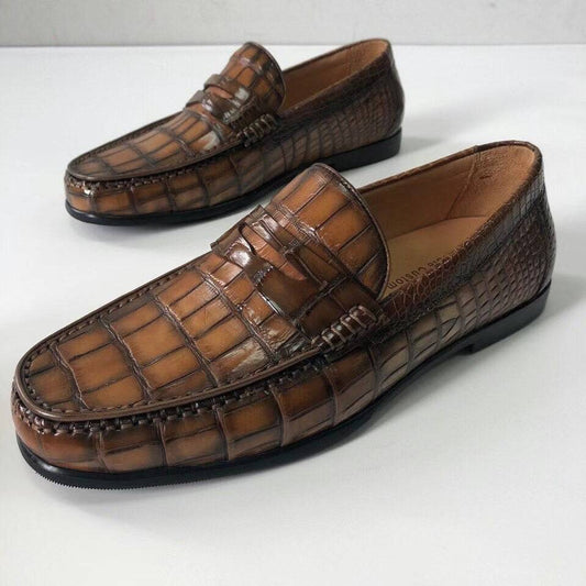 Crocodile Leather Shoes Mens Slip-On Driving Loafer Shoes Vintage Colors