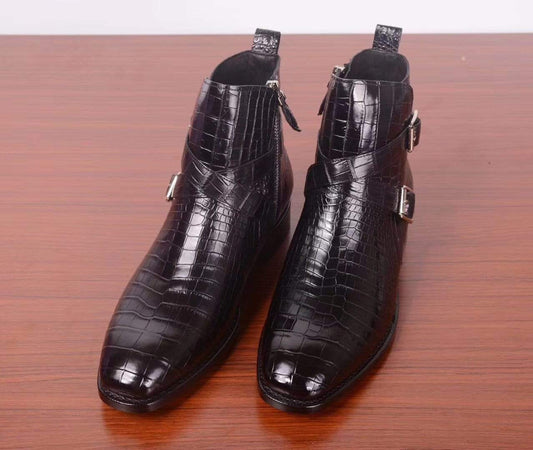 Crocodile Shoes Mens Crocodile Leather Side Zipper Double Crossed Strap Boots
