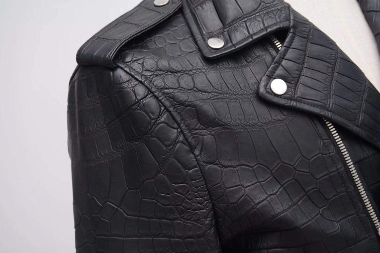 Crocodile Leather Slim Fit Motorcycle Racer Style Leather Jacket For Men & Women