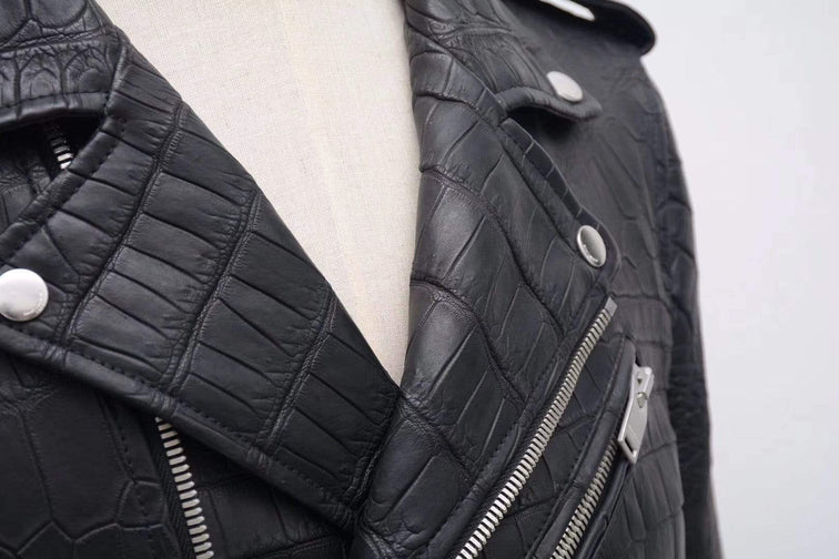 Crocodile Leather Slim Fit Motorcycle Racer Style Leather Jacket For Men & Women