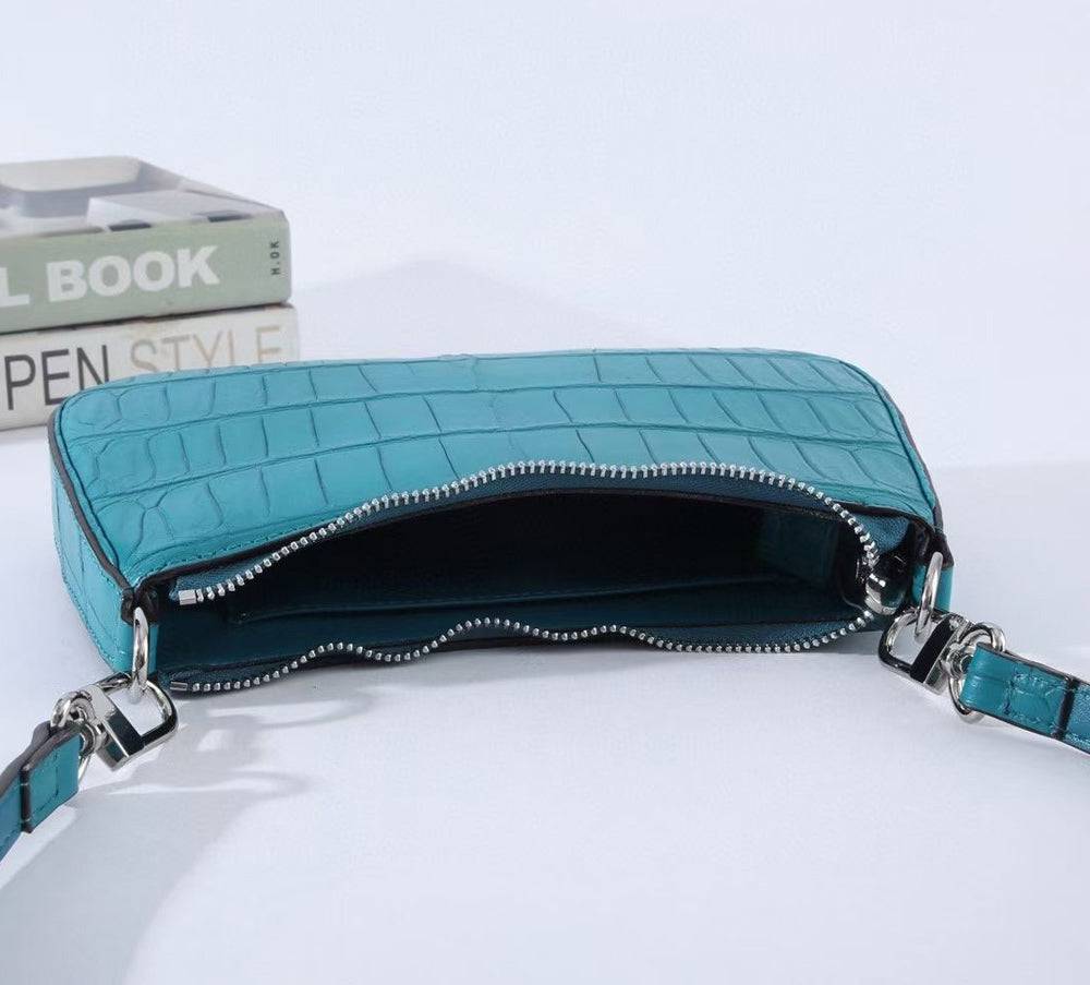 Crocodile Leather Underarm With Chain Shoulder Strap Bag Turquiose Blue