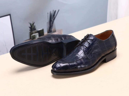 Crocodile Shoes Dark Blue Men's Crocodile Belly Leather Lace Ups Shoes- Men's Dress Shoe,Goodyear Sole