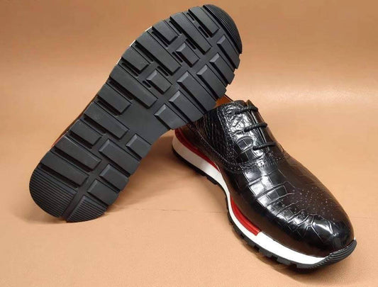 Crocodile Shoes Fashion Men's Sidework Low-Top Casual Sneakers In Black Crocodile Leather