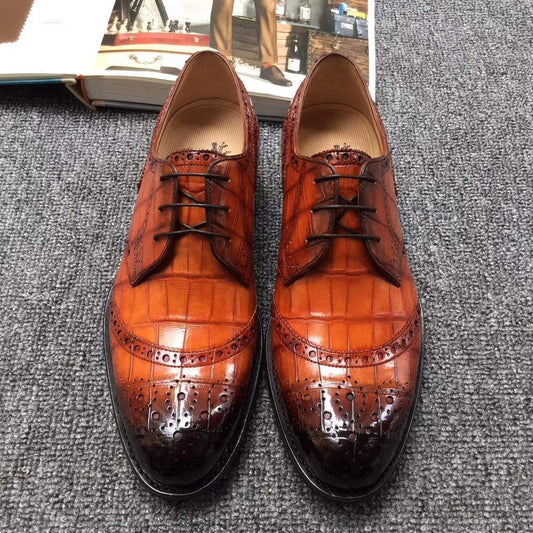 Crocodile Shoes Genuine Crocodile Belly Leather Shoes Mens Cap Toe Crust Tuscania Wingtip