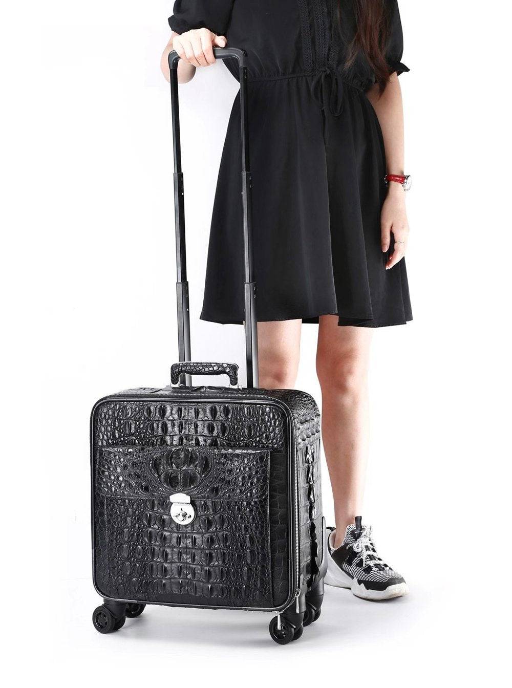 Genuine Crocodile Leather 16 Inch Suitcase Cabin Luggage Universal Wheels Bag Boarding Case Small Box For Short Travel Wheelie Suitcases