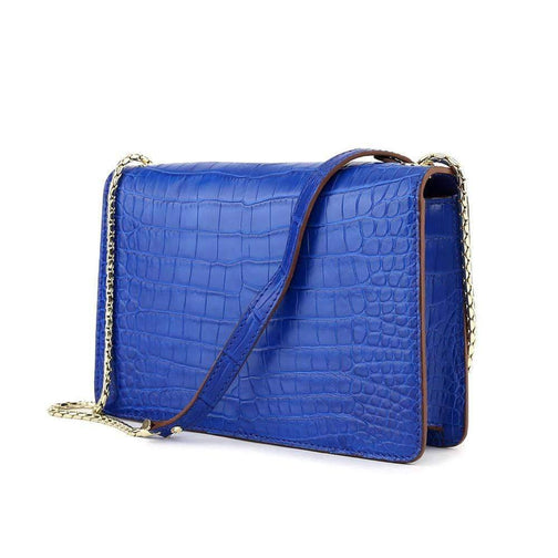 Genuine Crocodile Leather Cross Body Messenger Flap Shoulder Bag Royal Blue