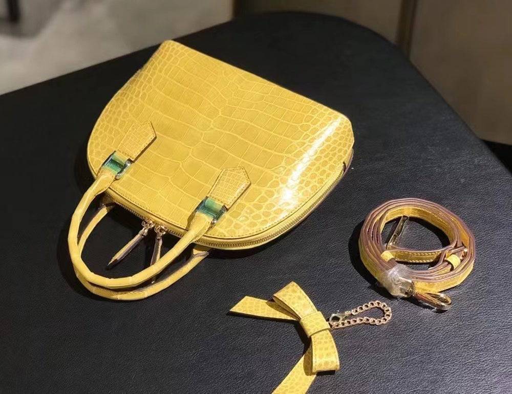 Genuine Crocodile Leather Shell Top Handle Cross Body Tote Bags For S/S Yellow