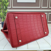 Genuine Crocodile Skin Leather Oversized Padlock Business Handbags Red