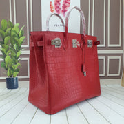 Genuine Crocodile Skin Leather Oversized Padlock Business Handbags Red
