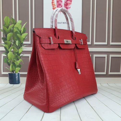 Genuine Crocodile Skin Leather Oversized Padlock Business Handbags Red